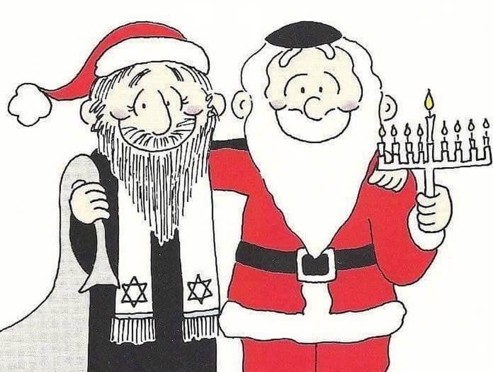 A cartoon of two men wearing santa claus clothesDescription automatically generated