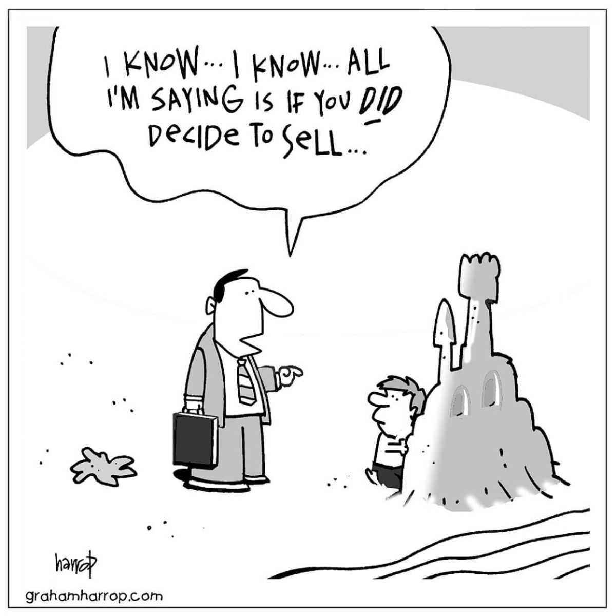 Cartoon of a person and a child looking at a sand castleDescription automatically generated